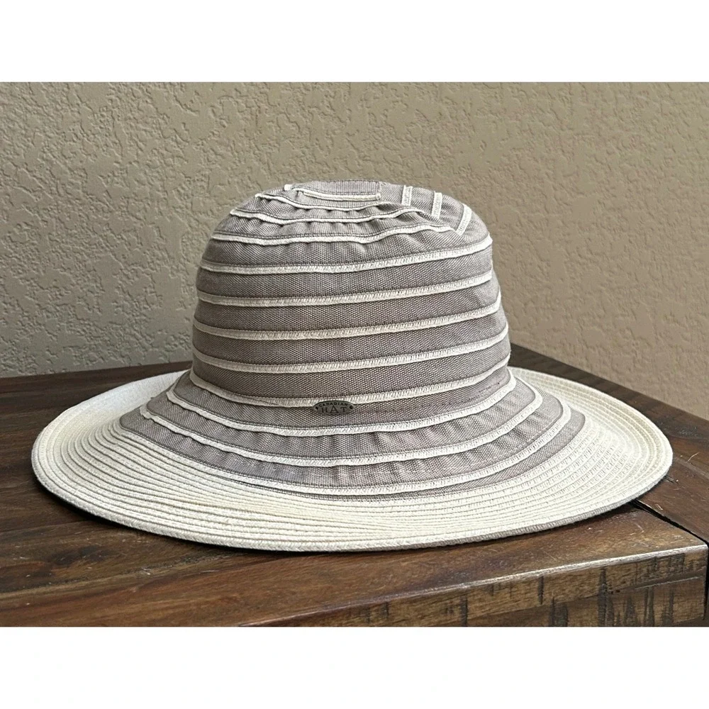 Canadian Hat Womens Packable Wide Brim Sun Hat Taupe Ivory Striped Travel M - Picture 2 of 15